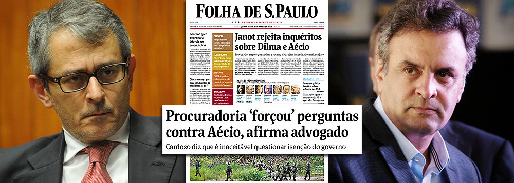 O jornal de Otávio Frias Filho foi o primeiro a noticiar que o senador Aécio Neves (PSDB-MG) não estava na lista; logo em seguida, igualou as situações do tucano e da presidente Dilma Rousseff, manchetando que ambos os casos seriam arquivados (o que é falso, uma vez que não havia pedido de investigação contra Dilma); depois, ignorou as informações trazidas pelo Estado de S. Paulo sobre o motivo da citação ao tucano; na edição de hoje, publica ainda que o advogado Antonio Carlos Almeida Castro, o Kakay, diz que a inclusão do nome de Aécio teria sido forçada pelos investigadores, sem informar aos leitores que ele representa o senador mineiro; blindagem?
