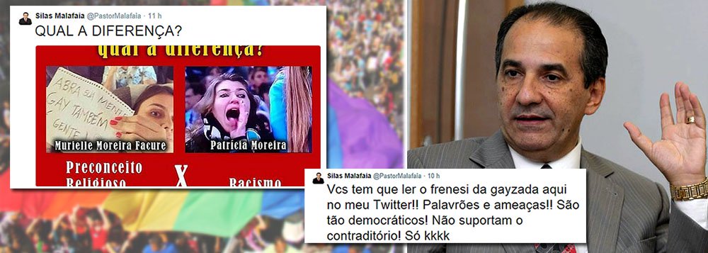 Em seu perfil no Twitter, pastor Silas Malafaia relacionou a imagem de Murielle Facure, em um avião ao lado do pastor ironizando seu posicionamento contra o casamento de homossexuais, a da torcedora do Grêmio Patrícia Moreira, que xingou o goleiro Aranha, do Santos, de “macaco”; escreveu em seguida para seus seguidores: “Vcs tem que ler o frenesi da gayzada aqui no meu Twitter!! Palavrões e ameaças!! São tão democráticos! Não suportam o contraditório!”