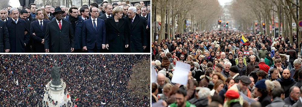 Franceses de todas as idades e de diferentes credos e ideologias saíram às ruas não só para manifestar solidariedade aos que morreram nos ataques terroristas que chocaram o país, mas também para protestar contra o terrorismo e relembrar os valores da República: liberdade, igualdade e fraternidade; diversos líderes europeus também participaram da passeata que é considerada maior desde a Segunda Guerra Mundial