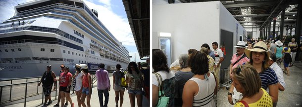 Os últimos quatro transatlânticos previstos para acompanhar o réveillon em Copacabana chegaram ao Pier Mauá, trazendo 20 mil turistas; a estimativa da empresa que administra o pier é que eles injetem US$ 6 milhões na economia do Rio de Janeiro, o equivalente a R$ 16 milhões; à noite, os navios se deslocarão para o mar em frente a Praia de Copacabana, onde os turistas poderão acompanhar a queima de fogos da virada do ano; ao todo, 12 transatlânticos estarão em Copacabana