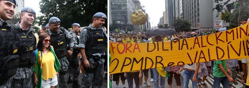 Jornalista Paulo Nogueira cita contraste do Datafolha e da PM sobre o número de participantes da manifestação na Paulista: “PM de São Paulo, que costuma fazer a estimativa, tem-se comportado como um partido político. Seus números são ideológicos, e não concretos”; além disso, contesta o conceito de democracia dos participantes do ato, com mensagens em defesa do golpe militar e com imagem em que Dilma aparece enforcada