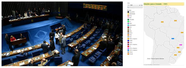O Portal de Notícias do Senado disponibiliza infográfico sobre os senadores eleitos desde 1945, ano da primeira votação depois da queda da ditadura do Estado Novo, até 2010. O quadro multimídia mostra o resultado de 18 eleições nacionais, além da votação “solteira” de 1988 para preencher as primeiras vagas do então recém-criado estado de Tocantins