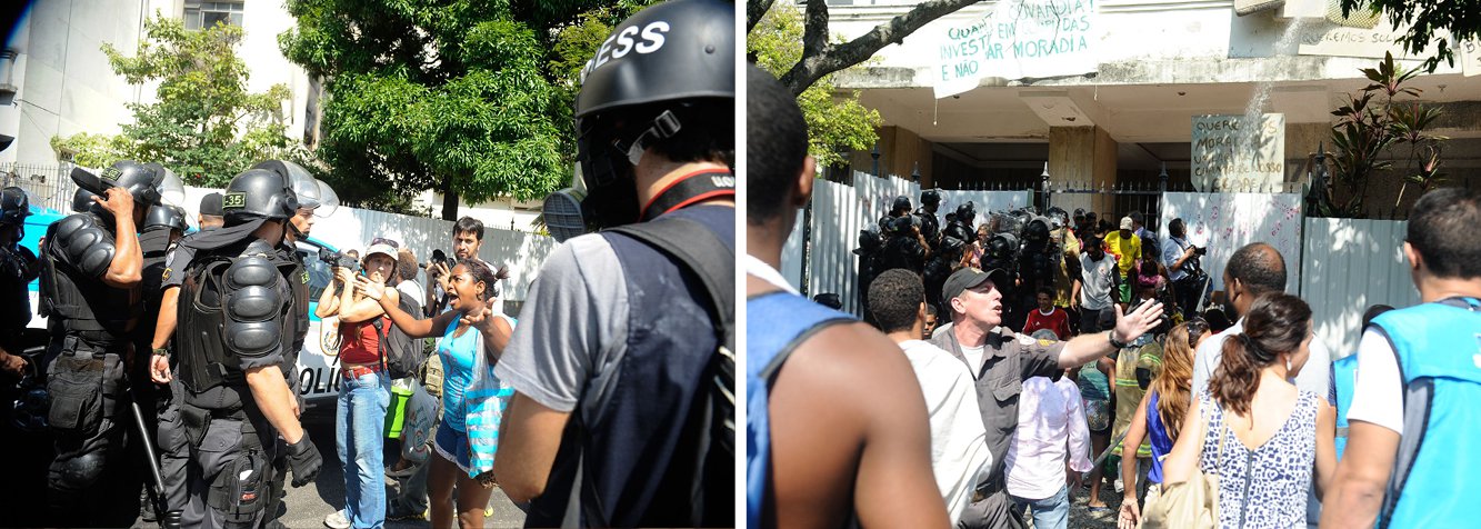 Um policial militar foi levado à 10ª Delegacia de Polícia (Botafogo) para prestar esclarecimentos por ter atirado spray de pimenta no rosto de um homem com uma criança de colo, que também foi atingida; o homem, que é pai da criança, também foi para a delegacia prestar queixa, acompanhado por um advogado da Comissão de Direitos Humanos da OAB-RJ; o caso ocorreu durante a desocupação do Edifício Hilton Santos, na zona sul do Rio, que ficou uma semana ocupado por famílias sem teto; elas foram removidas