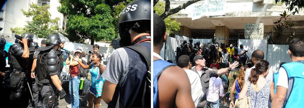 Um policial militar foi levado à 10ª Delegacia de Polícia (Botafogo) para prestar esclarecimentos por ter atirado spray de pimenta no rosto de um homem com uma criança de colo, que também foi atingida; o homem, que é pai da criança, também foi para a delegacia prestar queixa, acompanhado por um advogado da Comissão de Direitos Humanos da OAB-RJ; o caso ocorreu durante a desocupação do Edifício Hilton Santos, na zona sul do Rio, que ficou uma semana ocupado por famílias sem teto; elas foram removidas