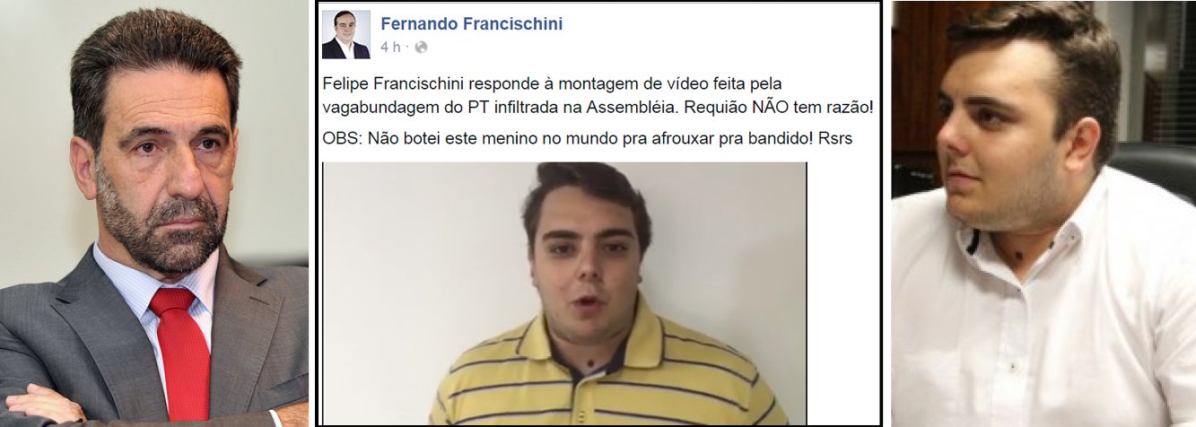 O PT-PR, presidido pelo deputado federal Enio Verri (à esq.), emitiu nota informando que vai processar o deputado estadual Felipe Francischini, do SD (à dir.); em vídeo, o parlamentar chama os servidores que ocuparam a Assembleia Legislativa de "burros" e "petistas filhas da p..."; pelo Facebook, o pai do deputado e secretário de Segurança do Paraná, Fernando Francischini, diz que a "vagabundagem do PT infiltrada" no Legislativo montou o vídeo"; "Não botei este menino no mundo pra afrouxar pra bandido!"; em vídeo publicado na conta do seu pai, o deputado nega ter ofendido professores e reafirma: "falei mal desses petistas"