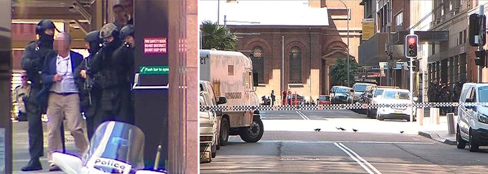 A polícia da Austrália isolou o centro da maior cidade do país, Sydney, nesta segunda-feira, após um homem armado ter entrado em um café, feito reféns e os forçado a exibir uma bandeira do Estado Islâmico, despertando temores de que seja um ataque jihadista; cinco conseguiram escapar