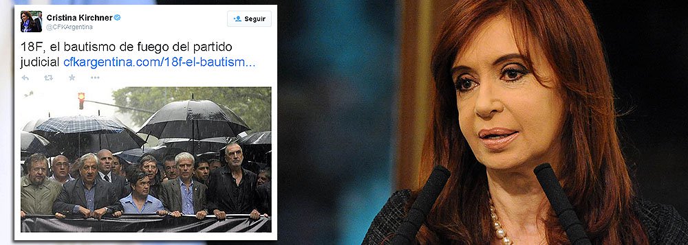 Presidente da Argentina, Cristina Kirchner, usou as redes sociais neste sábado, 21, para criticar o que chamou de "Partido Judicial"; presidente criticou a marcha que reuniu mais de 400 mil pessoas nessa semana para exigir justiça para a morte do procurador Alberto Nisman, que acusou a governante de acobertar um ataque antisemita; "18F, o batismo de fogo do Partido Judicial... O verdadeiro feito político e institucional da marcha constituiu na aparição pública e inegável do Partido Judicial", disse a presidente 