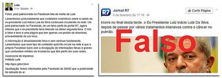 Segundo nota do Instituto Lula, um post patrocinado no Facebook, de um falso perfil do portal R7, informava que o ex-presidente teria falecido na última segunda-feira; "Lamentamos que esse tipo de conteúdo apócrifo circule na rede e que o próprio Facebook lucre com a divulgação de informações falsas e graves que confundem milhões de brasileiros que têm perfis em suas redes"