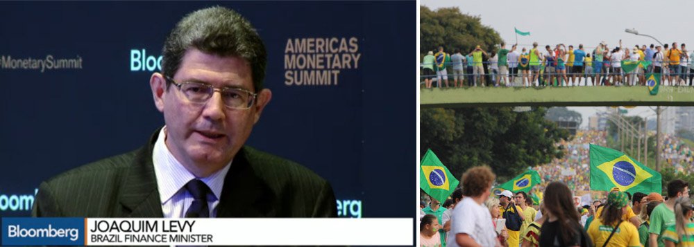 Em Nova York, ao ser questionado sob os protestos contra o governo, o ministro da Fazenda exaltou a liberdade de expressão reconquistada pelos brasileiros; disse ainda que quem conhece a fundo sabe que o Brasil é transparente e onde tudo é debatido, “onde o governo presta contas de tudo que faz, tem eleições regulares, e onde as pessoas que fazem o que é errado são presas”; sabatinado na Cúpula das Américas de Política Monetária, evento promovido pela agência de notícias Bloomberg, o ministro disse ainda que a divulgação do balanço da Petrobras será um passo importantíssimo na reconstrução da empresa e que país tem, sim, condições de alcançar este ano a meta de superávit primário de 1,2% do PIB