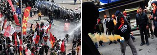A polícia turca reprimiu com bombas de gás, jatos d'água e balas de borracha uma manifestação alusiva ao 1º de Maio; ação da polícia visava impedir que os manifestantes chegassem à Praça Taksim, foco dos protestos contra o governo em 2013; polícia comunicou que havia efetuado 2013 prisões e que cerca de 20 pessoas ficaram feridas nos confrontos