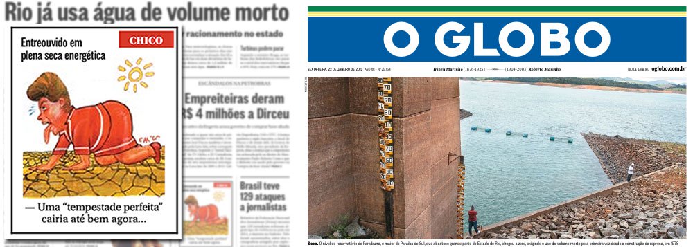 Embora a gestão da água seja competência estadual e municipal, charge de Chico Caruso, no Globo, estampa a presidente Dilma Rousseff, de quatro, num reservatório seco, como o Cantareira, torcendo por uma 'tempestade perfeita’; os três principais estados do Sudeste, São Paulo, Rio de Janeiro e Minas Gerais, já enfrentam problemas de escassez de água