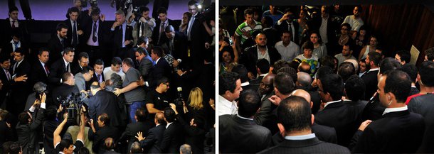 Deputados, seguranças do Congresso e manifestantes envolveram-se, na noite desta terça (2) em um tumulto nas galerias do plenário, cujo esvaziamento foi determinado pelo presidente do Congresso, Renan Calheiros; deputados da oposição foram às galerias tentando evitar que os policias legislativos retirem alguns manifestantes; por causa da confusão, a sessão foi suspensa e só será retomada amanhã, às 10h