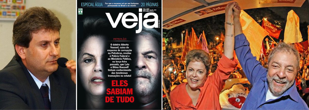A menos de 72 horas das eleições presidenciais, a revista Veja, da família Civita, antecipa sua edição, e publica uma capa que poderá entrar para a história do jornalismo brasileiro como um dos mais sórdidos golpes contra a democracia; a revista da Marginal Pinheiros publica trechos de uma mais um vazamento seletivo da delação premiada do doleiro Alberto Youssef; "O Planalto sabia de tudo!", teria dito Youssef; "Mas quem no Planalto?", perguntou o delegado;  "Lula e Dilma", respondeu o doleiro; só mesmo o desespero, após a reversão das pesquisas eleitorais, poderia justificar uma manobra golpista tão escancarada; baixaria sem limites