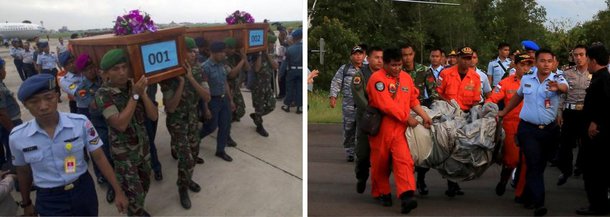 Os dois primeiros corpos de vítimas do avião da AirAsia que caiu na costa da ilha de Bornéu chegaram nesta quarta-feira à cidade indonésia de Surabaya, onde familiares se reuniram para aguardar notícias de seus entes queridos; as equipes de resgate acreditam ter encontrado o avião no fundo do mar, na área de Bornéu, depois que um sonar detectou um objeto grande e escuro debaixo das águas, perto de onde os detritos e corpos foram encontrados na superfície