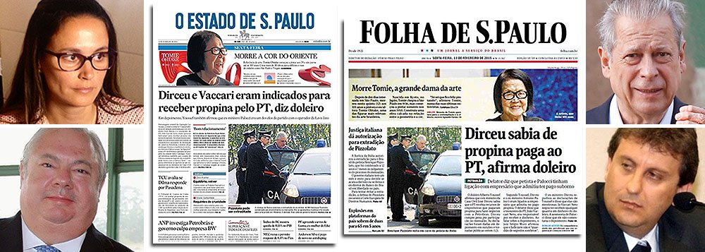 Advogada Beatriz Catta Preta nega, em nome do empresário Julio Camargo, a quem defende no caso da Lava Jato, as afirmações feitas pelo delator Alberto Youssef de que Camargo teria uma relação "muito boa" com o ex-ministro José Dirceu; ela afirma se tratar de uma "ilusória e absurda conclusão", uma vez que se baseia apenas no fato de que o petista teria viajado no avião do empresário; segundo ela, "a aeronave em questão, qualificada como táxi aéreo, era deixada sob a administração da TAM", que cuidava inclusive do afretamento; ela ressalta que as afirmações do doleiro, feitas em outubro em delação premiada, são "absolutamente inverídicas"; nos jornais de hoje, no entanto, Dirceu já foi condenado