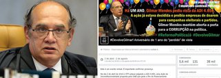 Julgamento da Ação Direta de Inconstitucionalidade (Adin) que prevê o fim de doações privadas a campanhas eleitorais, no STF, está prestes a completar um ano travado pelo ministro Gilmar Mendes, que pediu vistas do processo; nas redes sociais, ganha força a campanha pela devolução do caso; Gilmar já sinalizou que não pretende tirá-lo da gaveta