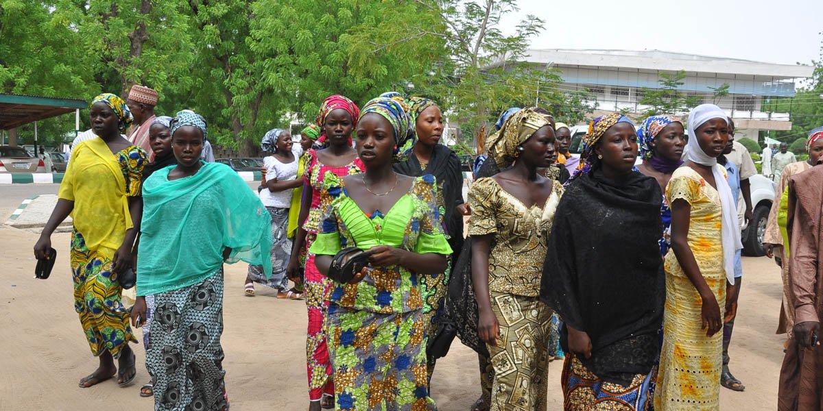 Some of the escaped Kidnapped girls of the government secondary school Chibok, arrived for a meeting with Borno state governor, Kashim Shettima, in  Maiduguri, Nigeria, Monday, June 2, 2014.  Nigerian police say they have banned protests in the capital de