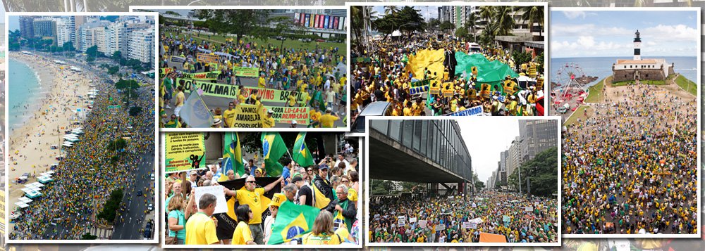 Acontecem neste domingo, 15, manifestações contra o governo da presidente Dilma Rousseff em cidades de 18 estados (AL, AM, BA, CE, GO, MA, MG, MS, PA, PE, PR, RJ, RO, RS, SC, SE, SP e TO) e no Distrito Federal; com faixas, cartazes e muitos vestidos com as cores da bandeira nacional, eles pedem o impeachment de Dilma, protestam contra a corrupção na Petrobras e há pedidos de intervenção militar; em Brasília, já são 45 mil pessoas que se concentram na Esplanada dos Ministérios; em São Paulo, cerca de 9 mil pessoas ocupam a Avenida Paulista; 30 caminhões transitavam lentamente pela Marginal Pinheiros; no Rio cerca de 15 mil pessoas participam dos protestos na orla de Copacabana; até o momento as manifestações estão ocorrendo de forma pacífica
 
 