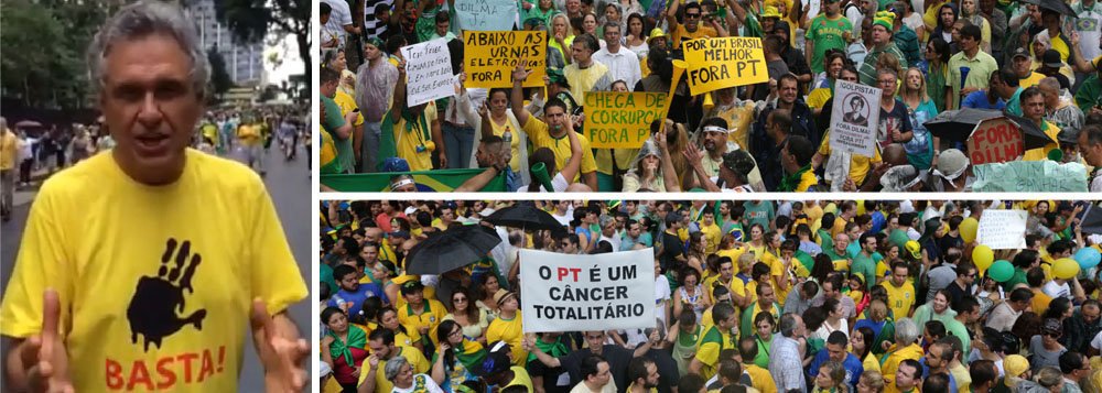 Jornalista Laura Capriglione critica atitudes racistas e de ódio de manifestantes no 15 de março, como os que usaram uma camisa que associa o ex-presidente Lula a uma deficiência física -  entre eles Ana Eliza Setubal, mulher de Paulo Setubal, da família que controla o banco Itaú, e o senador Ronaldo Caiado (DEM-GO); 'Sem referências, sem lideranças, o jeito foi a galera fina, elegante e sincera chafurdar nos dicionários chulos de palavrões', acrescenta