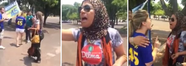 Em vídeo amador gravado a partir de um celular, a professora e ex-candidata a deputada distrital pelo PCB, Sandra Leite Teixeira, aparece fazendo acusações pessoais ao candidato à presidência Aécio Neves; com extrema agressividade, a professora tenta expulsar do estacionamento da Universidade de Brasília (UnB) um grupo de jovens eleitores do PSDB