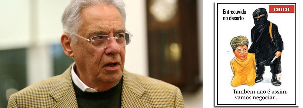 "Quem é o 'Exército Islâmico' do cartunista? A midia, inclusive seus patrões, os Marinho? O 'mercado financeiro'? O PSDB e seu arquivado neolíder, Aécio Neves?", questiona Fernando Brito, editor do Tijolaço, ao comentar a charge de Chico Caruso no último domingo; "Mas a gente poderia citar outros ou imaginar ali, atrás do capuz preto o velho Fernando Henrique Cardoso, aquele que diz que Dilma 'não deve ser salva', talvez porque tenha sido eleita, coisa que os tucanos já não conseguem faz quase 20 anos"