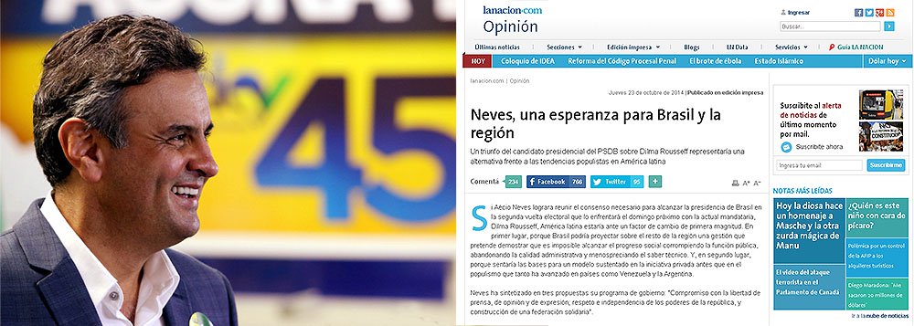 No editorial intitulado "Neves, uma esperança para o Brasil e para a região", a publicação afirma que uma vitória do PSDB representaria uma alternativa às tendências populistas da América Latina; afirma ainda que o tucano pretende "abandonar a agenda externa do PT, baseada em associações ideológicas, por uma diplomacia mais pragmática que multiplique os acordos comerciais"
