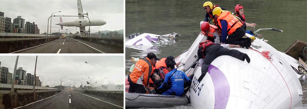 TransAsia Airways com 58 passageiros e tripulantes a bordo caiu em um rio pouco após decolar de um aeroporto no centro de Taipé nesta quarta-feira; cerca de 28 pessoas conseguiram escapar de forma milagrosa do acidente, depois que o avião passou entre prédios, bateu com a asa em um viaduto e caiu de cabeça para baixo no rio raso; 24 passageiros continuam desaparecidos