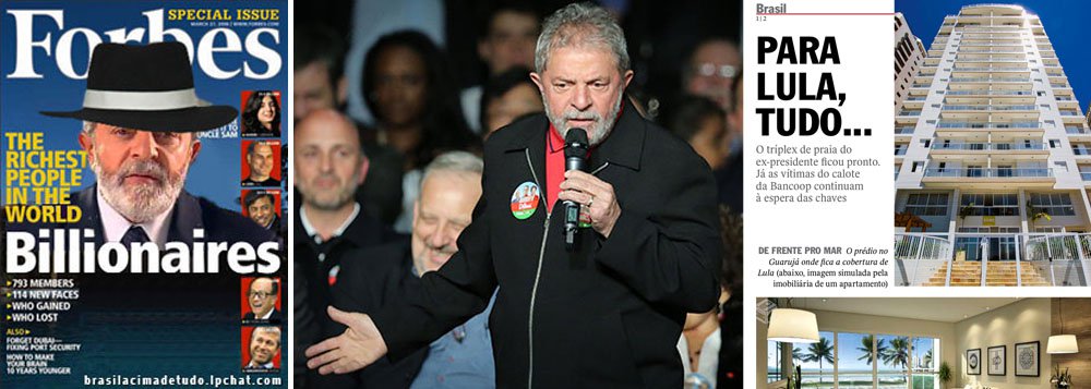Reduzidas as possibilidades de um golpe contra a presidente Dilma, que será diplomada nesta semana, após a aprovação de suas contas de campanha pelo Tribunal Superior Eleitoral, todas as baterias se voltam contra o ex-presidente Lula; estratégia aberta pelo jornal O Globo, com a reportagem sensacionalista sobre seu "triplex", repercutida por Veja, consiste em pintá-lo como um marajá, nos moldes da falsa capa da revista Forbes, que circula pela internet; mídia familiar trabalha, desde já, para evitar o risco de que o PT fique 20 anos no poder; pesquisa Datafolha divulgada no dia 8 revelou que, para 64% dos brasileiros, Lula foi o melhor presidente da história; a partir de agora, a ordem é destruir o mito