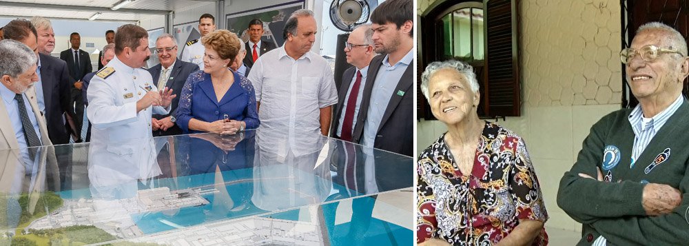 Durante inauguração de estaleiro para construção de submarinos, governador elogia investimentos de US$ 9 bilhões, no Complexo Naval de Itaguaí; "a presidente é a mamãe Noel do rio", disse Luiz Fernando Pezão; após inauguração, presidente Dilma Rousseff foi com o governador a Piraí, almoçar com os pais dele, Darcy e Eucy de Souza; aliança política, econômica e carinho familiar