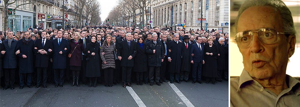 Colunista Jânio de Freitas diz que chefes presentes na manifestação contra os atentados na França se dividem entre os que ganham com venda de armas e os que compram armas; “incluído o próprio e patético presidente francês François Hollande”