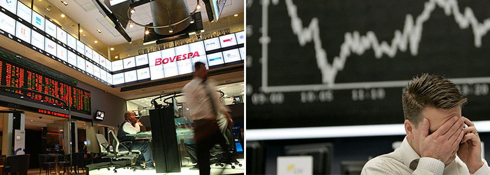 Bolsa cai forte com a repercussão de pesquisas CNT/MDA, Datafolha e Vox Populi, que mostraram a candidata à reeleição Dilma Rousseff à frente do tucano Aécio Neves; com queda de 2,29% no início da tarde, mas chegando a 4% mais cedo, pela manhã, Ibovespa bateu seu menor patamar desde 6 de junho; lá fora, vê-se um quadro menos favorável por conta da desaceleração do crescimento da China; ações da Petrobras despencam quase 8%; outras ações do chamado "kit eleições", composto por papéis de estatais e bancos, também registram perdas, como Eletrobras, Bradesco e Itaú