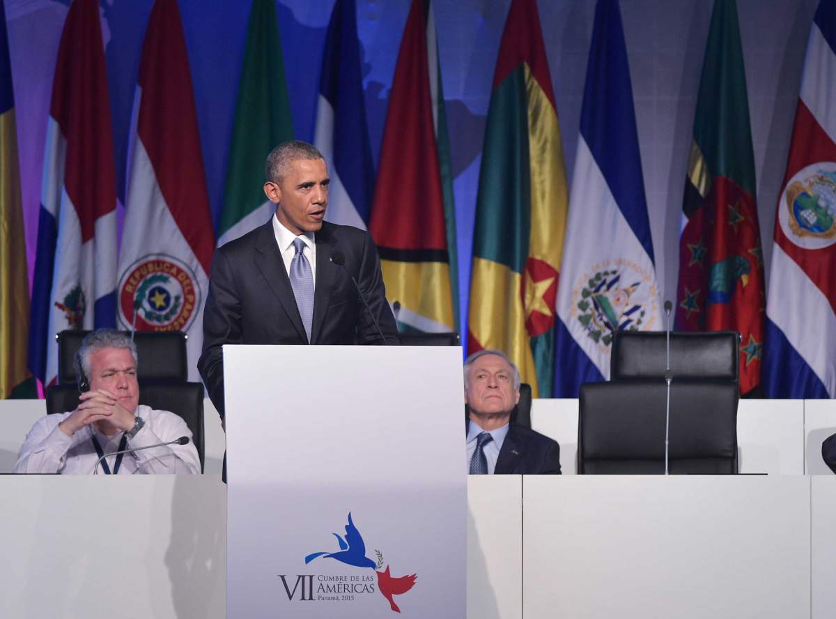 US President Barack Obama speaks at a civil society forum in the sidelines of the Summit of the Americas, at a hotel in Panama City on April 10, 2015. Obama told a forum of Latin American civil society members in Panama on Friday that the days of American