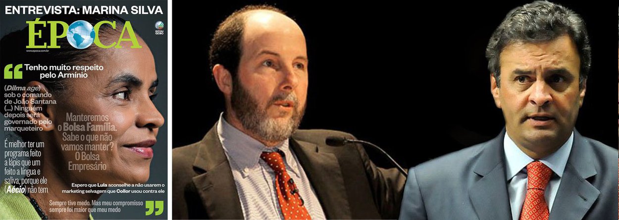 Capa da revista semanal da Globo, Marina Silva diz ter muito apreço por Armínio Fraga, anunciado ministro da Fazenda de Aécio Neves em um eventual governo do PSDB; com o gesto, ela tenta evitar a debandada de eleitores e, também, conquistar o voto útil dos tucanos, que a veem como um plano B; "Tenho muito respeito pelo Armínio. Ele deu uma grande contribuição para este país", disse, sobre o ex-presidente do Banco Central de FHC; quanto a uma possível aliança com o PSDB no segundo turno, sai pela tangente: "Seria uma arrogância da minha parte já me colocar como líquida e certa no segundo turno"