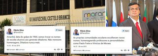 “Amanhã, data do golpe de 1964, vamos trocar os nomes de escolas alusivos aos generais-ditadores. Não merecem homenagens. Ditadura nunca mais”, disse o governador Flávio Dino (PCdoB) em posts nas redes sociais; a Secretaria de Estado da Educação identificou, em nove municípios maranhenses, dez instituições de ensino que possuíam nomes de ex-presidentes do regime militar; segundo o governador, as próprias instituições de ensino escolheram os novos nomes