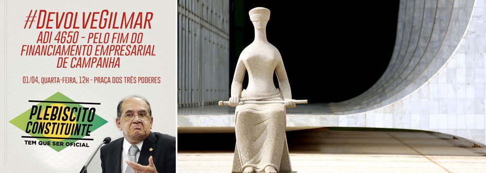 Organizações e movimentos sociais, tais como a CUT, MST, Consulta Popular, Marcha Mundial de Mulheres e Levante Popular da Juventude, farão um escracho em frente ao Supremo Tribunal Federal (STF), nesta qarta-feira, para denunciar o aniversário de um ano do atraso do julgamento do fim do financiamento de empresas às campanhas eleitorais (ADI 4650), barrado pelo ministro Gilmar Mendes 