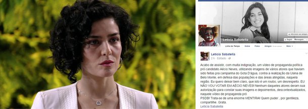 Atriz Letícia Sabatella reclamou, em seu Facebook, do uso de um vídeo que ela fez para a campanha Gota D'Água na propaganda do tucano Aécio Neves; ela se disse "indignada" com o uso do vídeo pelo candidato do PSDB; "Quero deixar bem claro que isto é um roubo, um desrespeito. Eu não vou votar neste candidato", protestou