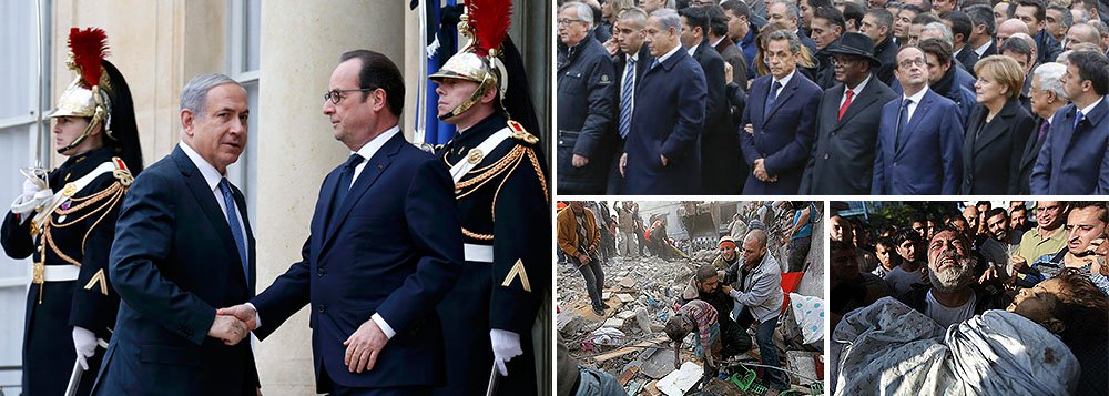 O maior assassino em atividade no mundo, o líder israelense Benjamin Netanyahu, que ordenou as mortes de 2,2 mil pessoas inocentes na última ofensiva em Gaza, incluindo idosos, mulheres e crianças (513 ao todo), além de vários jornalistas que cobriam o conflito, esteve presente na marcha deste domingo em Paris, ao lado de outros líderes mundiais; a presença de Netanyahu na marcha levanta uma questão intrigante: o que acontecerá numa Europa onde grupos xenófobos e islamofóbicos duelam com forças progressistas, que vinham lutando pelo reconhecimento do estado palestino?