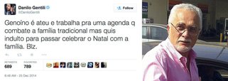 O apresentador Danilo Gentili, do SBT, criticou pelo Twitter o indulto de Natal concedido pela presidente Dilma Rousseff, que beneficia, entre outros, José Genoino, ex-presidente do PT, condenado na Ação Penal 470; "Genoíno é ateu e trabalha pra uma agenda q combate a família tradicional mas quis indulto para passar celebrar o Natal com a família. Blz", disse ele