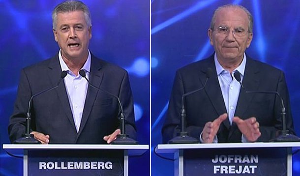 Os candidatos ao governo do Distrito Federal Rodrigo Rollemberg (PSB) e Jofran Frejat (PR) participaram na noite de ontem (9) do primeiro debate do segundo turno, promovido pela TV Band; confortável com as pesquisas de intenção de votos que o colocam em vantagem, o senador enfatizou aspectos programáticos, enquanto Frejat o comparou ao governador Agnelo Queiroz (PT) e questionou a idoneidade de Hélio "Gambiarra" como suplente do socialista no Senado