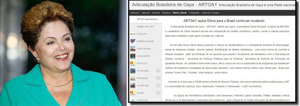 Articulação Brasileira de Gays (Artgay) declarou apoio à presidente Dilma Rousseff (PT) em documento publicado em sua página na internet; no texto, a entidade faz críticas ao candidato tucano Aécio Neves e diz que "durante os 8 anos que o PSDB esteve a frente do Governo Federal, não houve nenhuma política pública para LGBT"; sobre os governos petistas, a Artgay afirma que "há 12 anos, a comunidade LGBT passou a ser ouvida e reconhecida"; "Vimos a presidenta do Brasil falando na ONU a favor da criminalização da Homofobia", citou