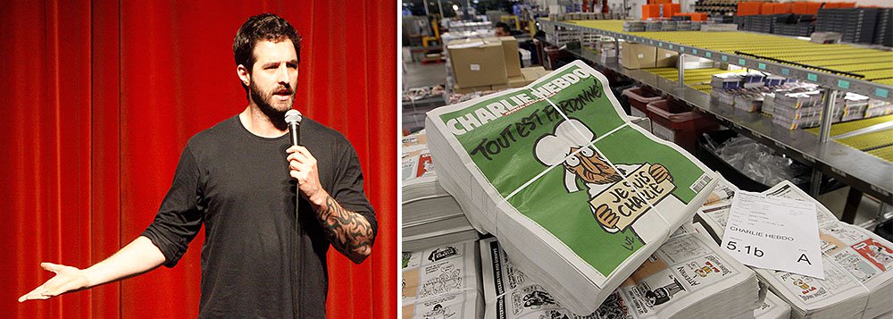 'Onde você estava quando eu tentava falar sobre liberdade de expressão, mas era tachado de arrogante, prepotente e babaca? Agora estou vendo você com essa camiseta com os dizeres "Je suis Charlie" (eu sou Charlie, em francês)', disse o comediante Rafinha Bastos; ele cita piadas que teriam sido usadas 'fora do contexto' contra Wanessa Camargo 