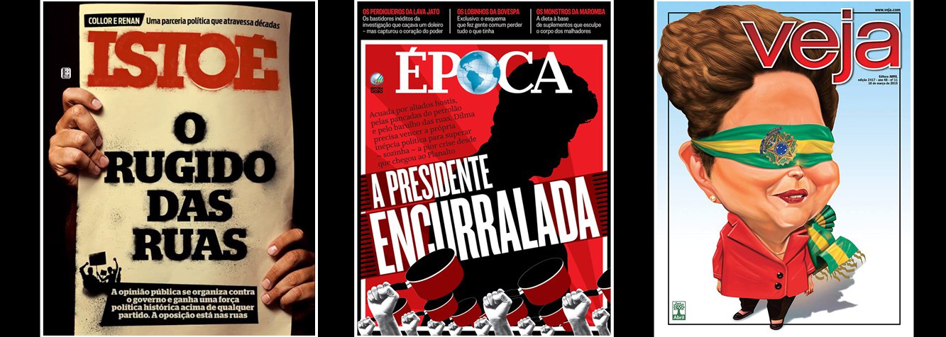Neste fim de semana, Veja, Istoé e Época circulam com capas que tratam da tensão política no País; enquanto Veja diz que Dilma Rousseff, que estaria "de olhos fechados para a realidade", é a presidente com a menor aprovação desde o impeachment de Fernando Collor; Época fala em "presidente encurralada" e Istoé trata da "força política histórica" da oposição; ontem, atos da CUT e de movimentos sociais em 24 estados revelaram que a presidente Dilma Rousseff dispõe de uma forte base de apoio político