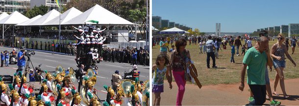 O desfile em comemoração à Independência do Brasil virou um programa de domingo para famílias; cerca de 30 mil pessoas, de acordo com a Polícia Militar do Distrito Federal, acompanharam o evento; aproximadamente 1,3 mil homens da Polícia Militar fizeram a segurança.