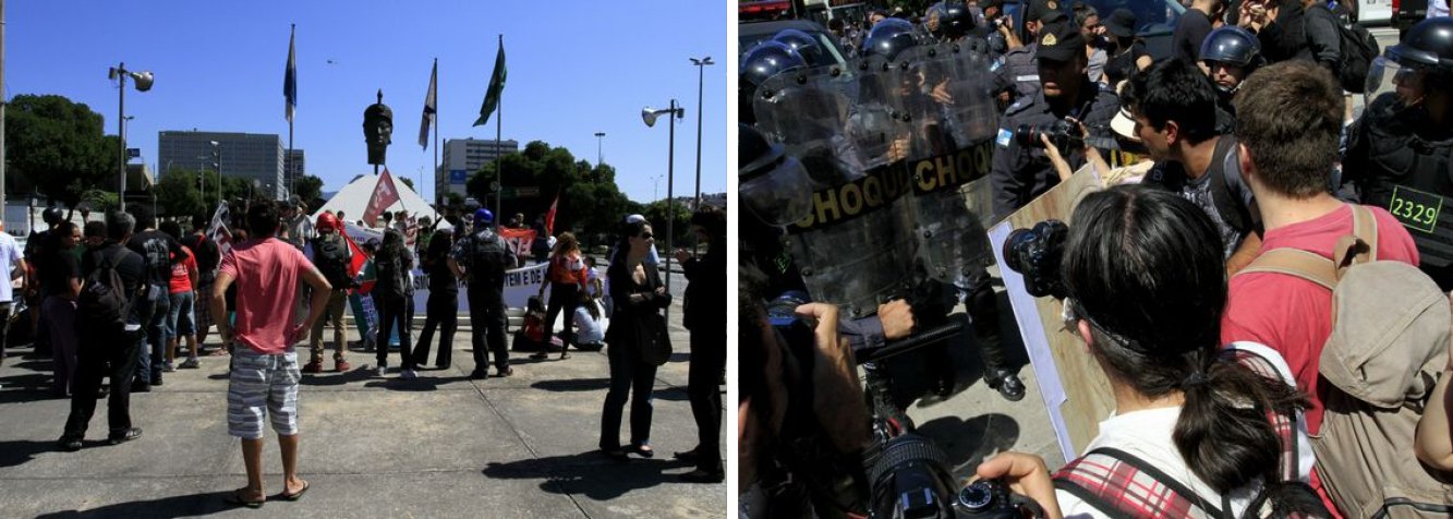 A passeata do Grito dos Excluídos acabou em confronto com policiais, no Centro do Rio de Janeiro, logo após o fim do desfile de 7 de Setembro; queima da bandeira nacional terminou com duas prisões; PMs usaram spray de pimenta contra manifestantes