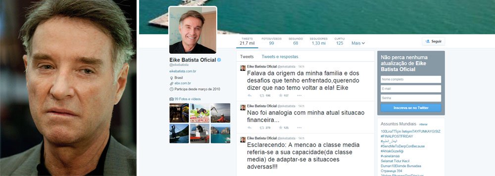 Após 15 meses afastado das redes sociais, empresário diz que sua frase, de que "estar de volta à classe média é um baque gigantesco", foi mal interpretada; "Esclarecendo: A menção a classe média referia-se a sua capacidade (da classe média) de adaptar-se a situações adversas!!! Nao foi analogia com minha atual situacao financeira", postou em sua conta