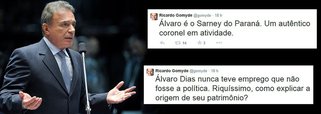 Candidato ao Senado, Ricardo Gomyde (PCdoB/PR) afirmou no Twitter que o tucano Álvaro Dias é o “Sarney do Paraná, um autêntico coronel em atividade”; ele também questionou seus bens: “Álvaro Dias nunca teve emprego que não fosse a política. Riquíssimo, como explicar a origem de seu patrimônio?”