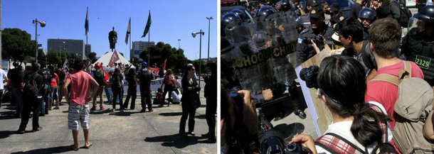 A passeata do Grito dos Excluídos acabou em confronto com policiais, no Centro do Rio de Janeiro, logo após o fim do desfile de 7 de Setembro; queima da bandeira nacional terminou com duas prisões; PMs usaram spray de pimenta contra manifestantes