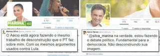 Candidata do PSB publicou uma crítica que havia feito durante sabatina no Globo, de que o tucano "está agora fazendo o mesmo trabalho de desconstrução que o PT faz sobre mim"; Aécio Neves respondeu que está fazendo o "debate político", "não desconstruindo a imagem da candidata"; presidenciável do PSDB ainda criticou Dilma por comparar Marina ao ex-presidente Fernando Collor
