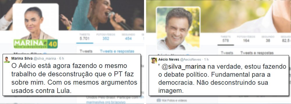 Candidata do PSB publicou uma crítica que havia feito durante sabatina no Globo, de que o tucano "está agora fazendo o mesmo trabalho de desconstrução que o PT faz sobre mim"; Aécio Neves respondeu que está fazendo o "debate político", "não desconstruindo a imagem da candidata"; presidenciável do PSDB ainda criticou Dilma por comparar Marina ao ex-presidente Fernando Collor