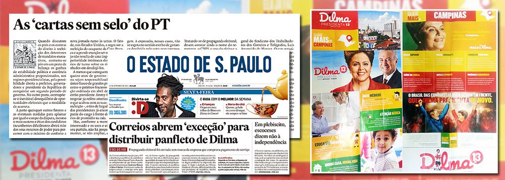 Em novo artigo, o jornalista Paulo Moreira Leite critica a "denúncia" feita pelo jornal Estado de S. Paulo sobre a distribuição – paga a preços de mercado, diga-se de passagem – de panfletos da campanha da presidente Dilma Rousseff pelos Correios; "Só na campanha de 2014, os Correios distribuíram 134 000 panfletos eleitorais sem chancela — em Minas Gerais. O cliente foi o PSDB", lembra PML; por que então a denúncia, em tom de escândalo, que mereceu uma manchete e um editorial do jornal dos Mesquita? "O que se busca é o efeito eleitoral, enfraquecendo uma candidatura a que a mídia se opõe através da dúvida, da negatividade, porque não consegue combater no terreno das ideias"; leia a íntegra